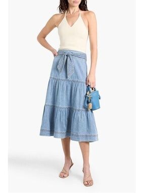 Veronica Beard Jeans Cotton Armida Tiered Denim Midi Skirt